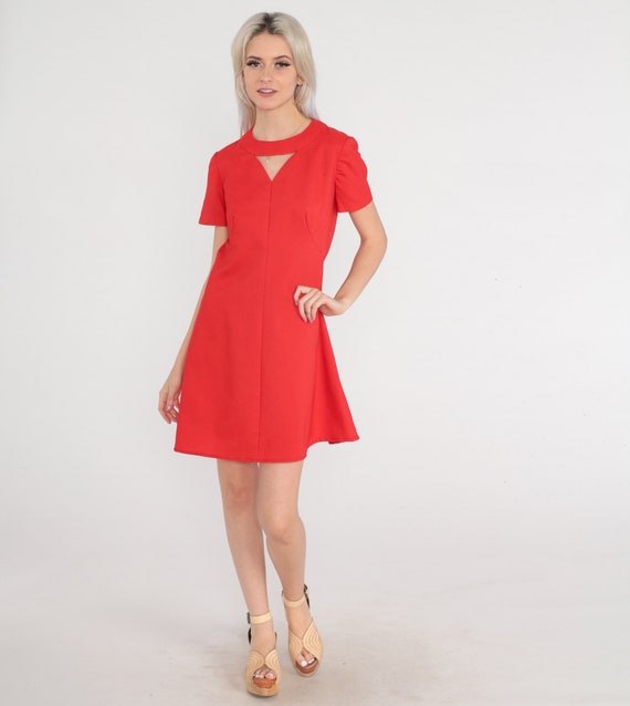 Red Cutout Dress 60s Mod Mini Dress Flared Shift … - image 2