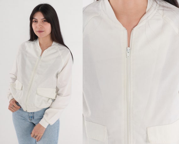 White Windbreaker Jacket 70s Bomber Zip up Jacket Retro Plain