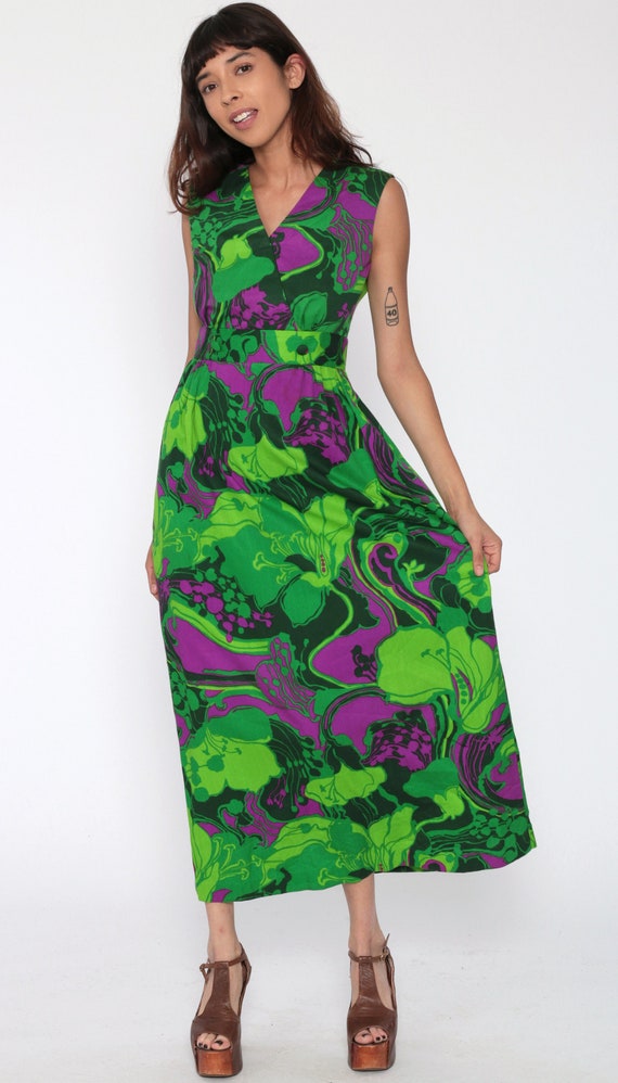 Vintage Floral Tiki Print Hippie Summer Sundress 70s Lanz Originals Boho Halter Maxi Dress Extra Small