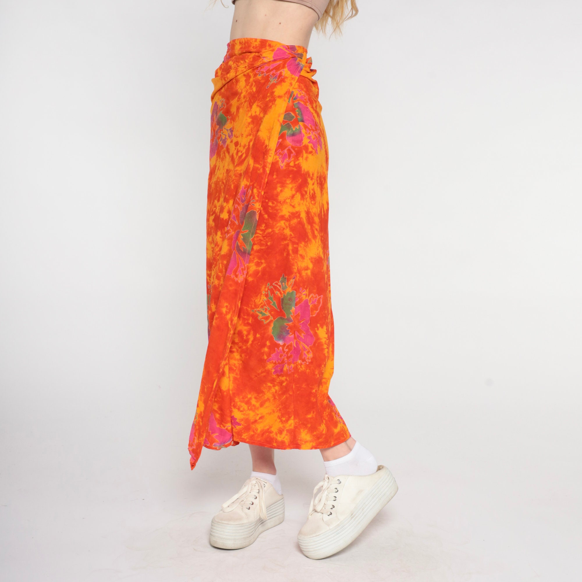 Hawaiian Wrap Skirt Y2k Orange Tropical Floral Tie Dye Maxi Skirt ...