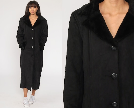 Black Faux Suede Coat Faux Fur Jacket 90s Fake Fur Coat Vegan Winter Vintage Bohemian Glam Jacket 1990s Boho Long Winter Coat Medium