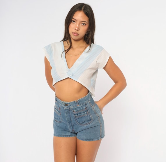 80s Striped Crop Top Light Blue White Stripe Cap Sleeve V Neck Button Semi Sheer Cropped Summer Spring Blouse Preppy Shirt Vintage Small S
