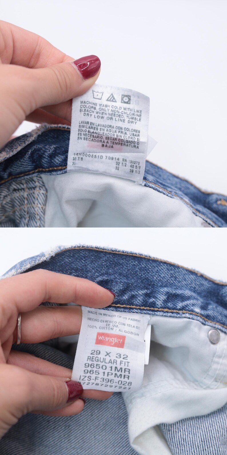 Puede incluir: Primer plano del interior de unos vaqueros azules con dos etiquetas blancas. Una etiqueta tiene instrucciones de lavado, y la otra etiqueta dice "Wrangler" e indica la talla 29 x 32 Regular Fit.