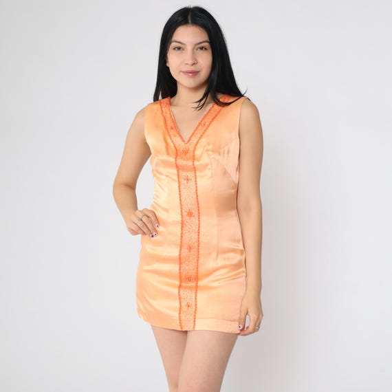 60s Beaded Party Dress 1960s Peach Orange Mini Formal Vintage Formal Cocktail Sixties Retro Sleeveless V Neck Sheath Dress Extra Small xs