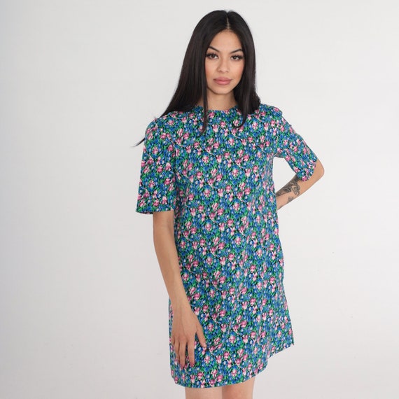 Iris Print Dress 80s Floral Mini Dress Short Sleeve Shift Retro Flower Print Day Dress Garden Party Green Blue Pink Vintage 1980s Small S