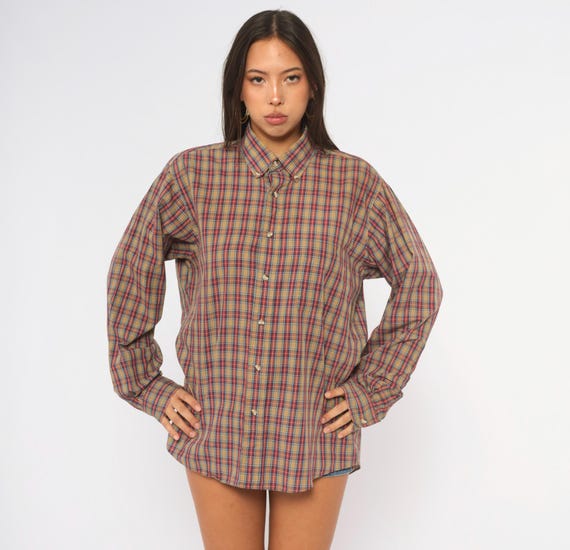 80s Plaid Shirt Sears Red Tan Button Front Long Sleeve Checkered Cotton Collared Blue Preppy Boyfriend Grunge Menswear Top Vintage Medium M