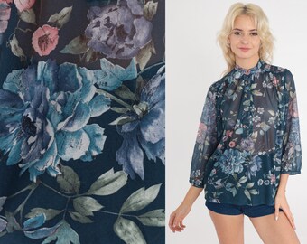 Chemisier transparent a fleurs Chemisier vintage a smocks transparent bleu marine fleuri romantique surdimensionne des annees 80 Etsy France