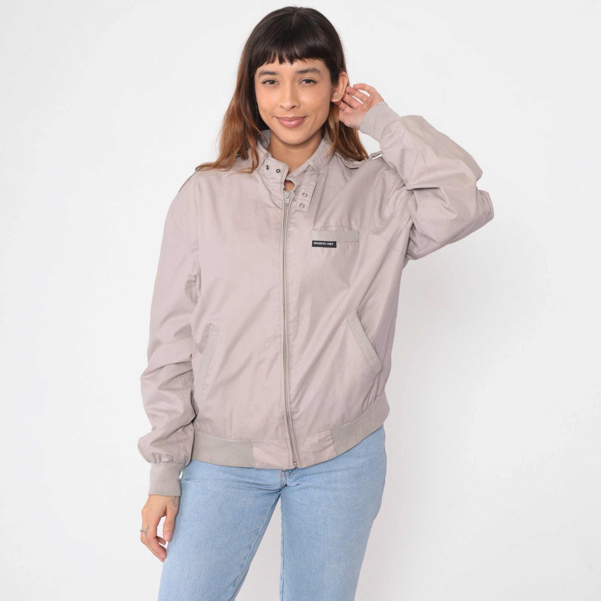 Grey Members Only Jacket 80s Cafe Racer Windbreaker Jacket Zip up Bomber Retro Epaulette Coat Lightweight Streetwear Vintage 1980s Large 44 Etsy