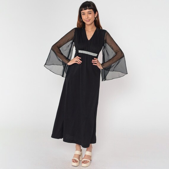 Vintage 70s Angel Sleeve Dress Black Maxi Dress Metallic Silver Trim Party Bohemian Bell Sleeve Empire Waist 1970s Boho V Neck Medium 8