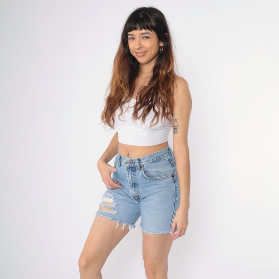 Vintage Lucky Brand Cutoffs Y2K Ripped Denim Shorts Cutoff Shorts Blue Jean Cutoffs Distressed High Rise Frayed Raw Hem 00s Medium 28 29