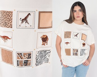 Safari Animal Shirt 90s Studded T-Shirt Giraffe Lion Graphic Tee Tiger Cheetah Leopard Print TShirt Retro White Gold Vintage 1990s Medium M