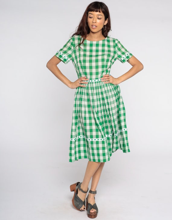 1960s Plaid Dress Green White Buffalo Plaid Dress… - image 2