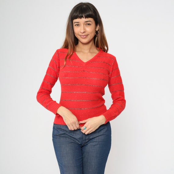 70s Metallic Striped Sweater Red Silver Pullover V Neck Knit Sweater Retro Sparkly Horizontal Stripe Knitwear Vintage 1970s Small xs s