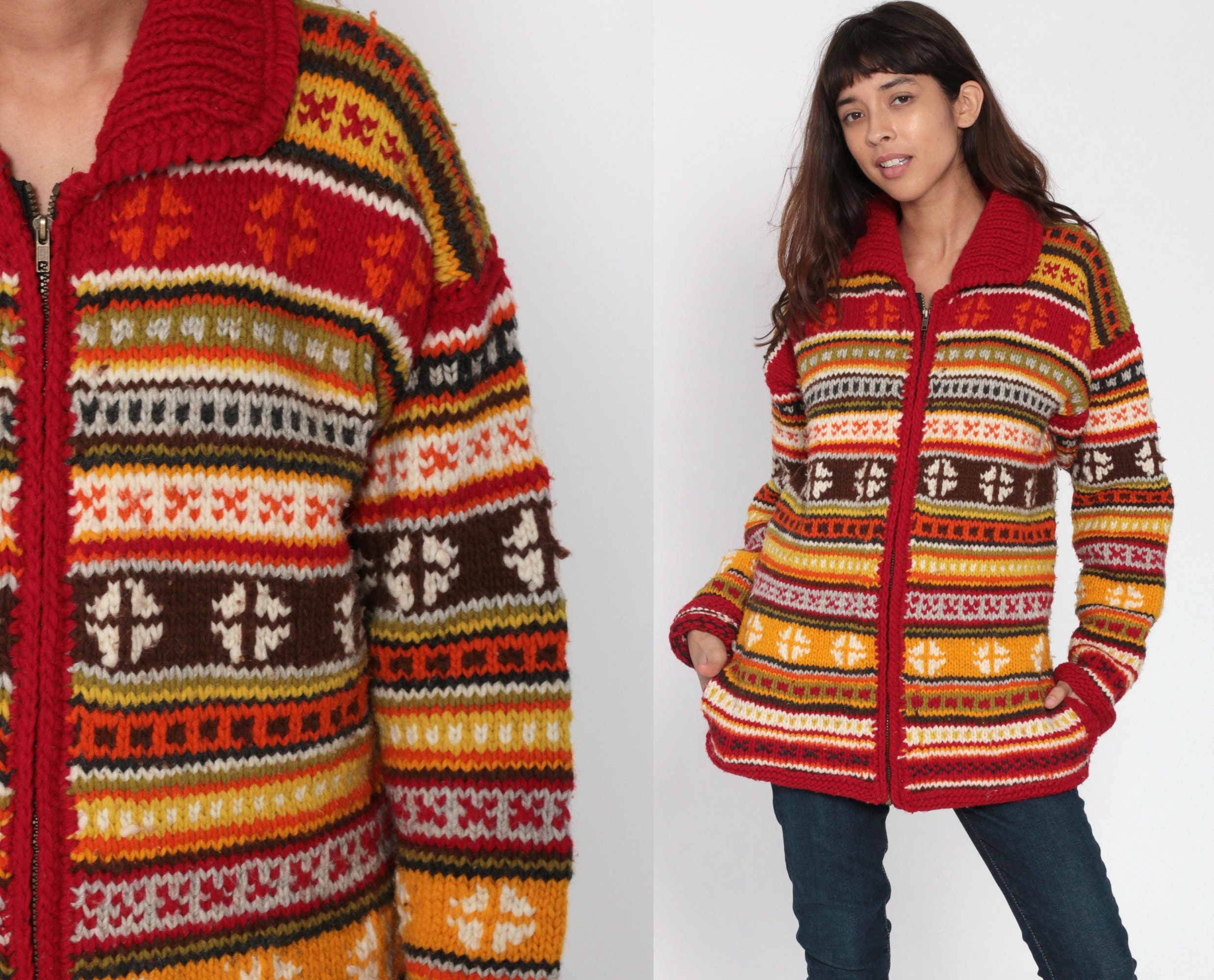 red zip up cardigan sweater
