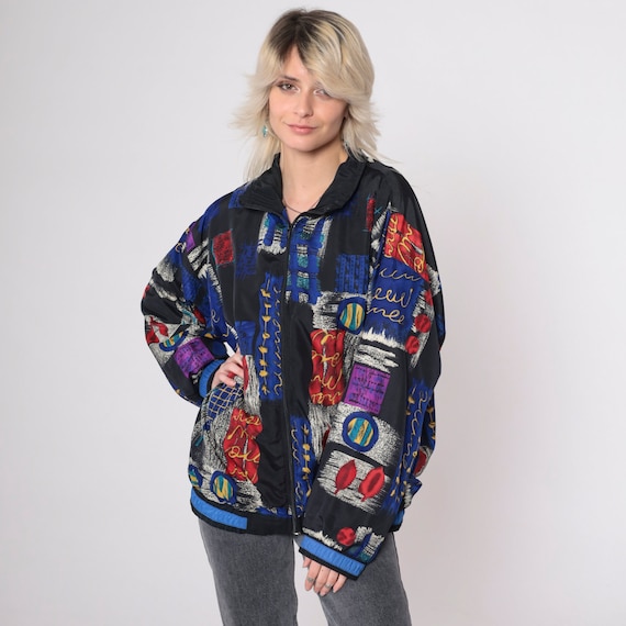 90s Patchwork Windbreaker Black Checkered Abstract Full Zip Up Jacket Geometric Retro Vintage 1990s Streetwear Oversized Medium