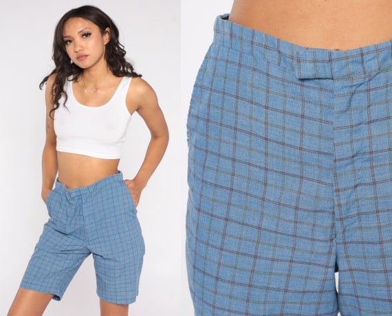 Blue Checkered Shorts 70s Trouser Shorts Bermuda Shorts Knee Length Mid Rise Mom Shorts Summer Preppy Seventies Vintage 1970s Small 6
