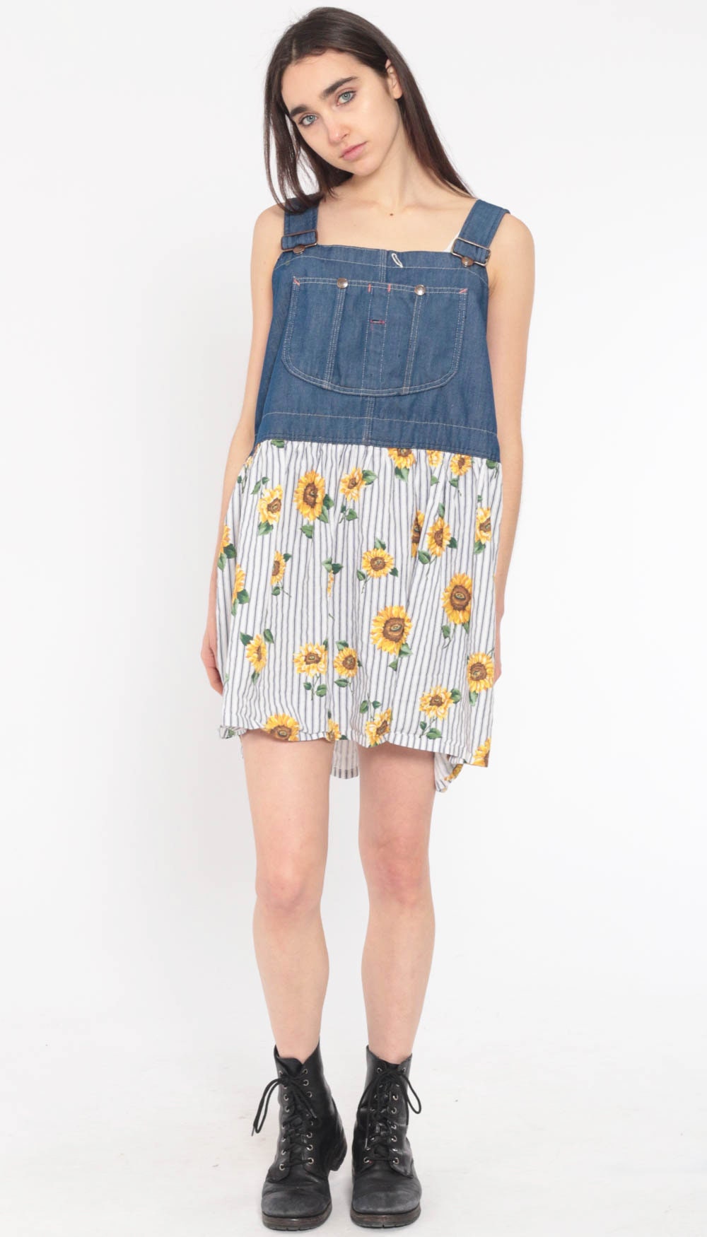 Floral Overall Dress DENIM Jumper 90s Grunge Jean Dress Mini Dress Bib Blue Suspender Low 