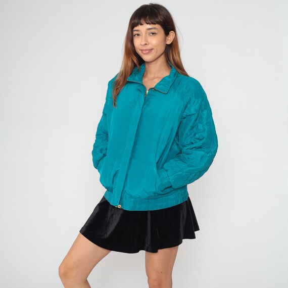 Turquoise Silk Jacket 90s Shiny Zip Up Windbreaker Jacket Retro Simple Bomber Basic Plain Solid Lightweight Teal Blue Vintage 1990s Small S