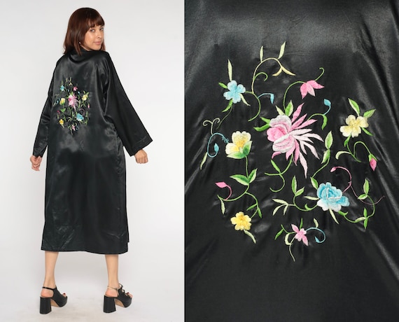 Black Satin Robe -- Floral Embroidered Asian Kimono Robe Jacket Long Maxi Flower Print Dressing Gown Bohemian Wrap Open Front Pocket Medium