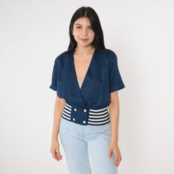 80s Nautical Top Blue Double Breasted Striped Shirt Deep V Neck Vintage Sailor Button Up Blouse 1980s Short Sleeve Petite Lanz Medium 8