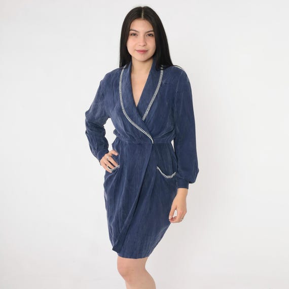 Vintage Navy Blue Faux Wrap Dress 90s Mini Rayon Crinkle Textured Long Sleeve High Waisted Robe Style Front Pocket 1990s Size 4 Petite Small