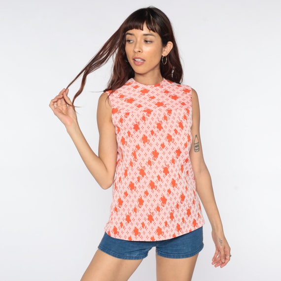 Floral Tank Top 70s Hippie Blouse Orange Abstract Print Boho Shirt Sleeveless Vintage Bohemian Shirt 1970s Tunic Polyester Small S