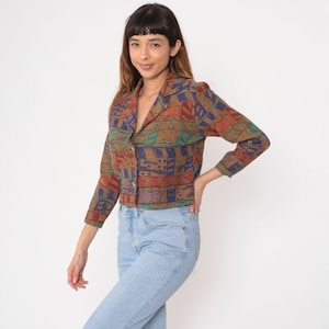 Cropped Tapestry Blazer 90s Abstract Crop Blazer Jacket Button Up Collared Mustard Yellow Purple Vintage 1990s Geometric Extra Small xs