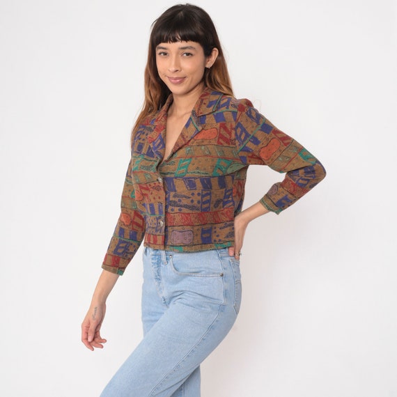 Cropped Tapestry Blazer 90s Abstract Crop Blazer Jacket Button Up Collared Mustard Yellow Purple Vintage 1990s Geometric Extra Small xs