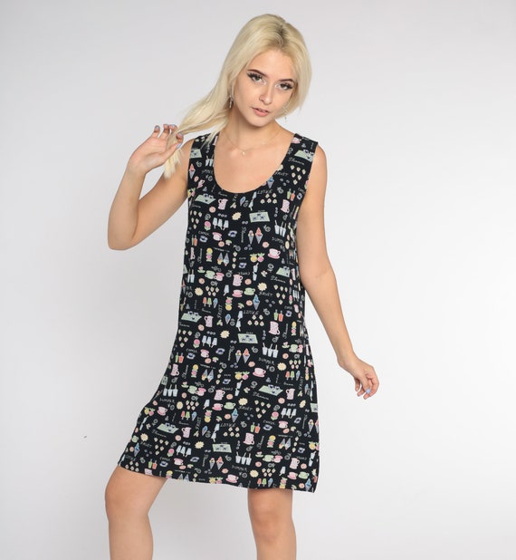Novelty Print Dress 90s Black Mini Tank Dress Summer Food Drink Print Sundress Picnic Ice Cream Fruit Coffee Strawberry 1990s Rayon Medium M