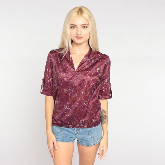 Burgundy Floral Blouse 70s Top V Neck Short Sleev… - image 4