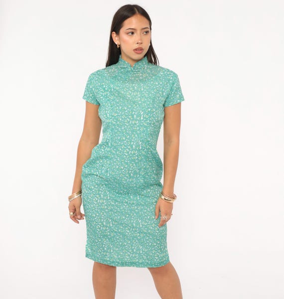 70s Cheongsam Dress Teal Floral Print Mandarin Collar Qipao Short Sleeve Fitted Aqua Green Side Slit Mint Pencil Vintage Extra Small XS