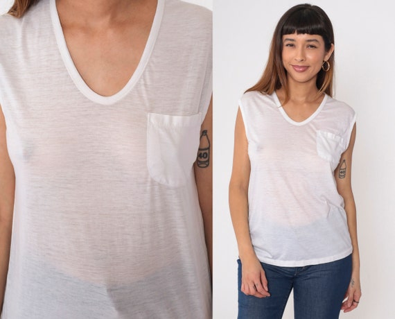 Sheer White Muscle Tee Shirt 80s Tank Top Tee Ret… - image 1