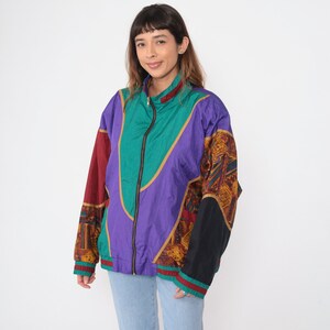 Chaqueta vintage de los años 90 con bloques de color, XL, cortavientos geométrico en morado, verde azulado y verde, chaqueta con bloques de color, cremallera, estilo retro del suroeste, dorado, años 90, extragrande
