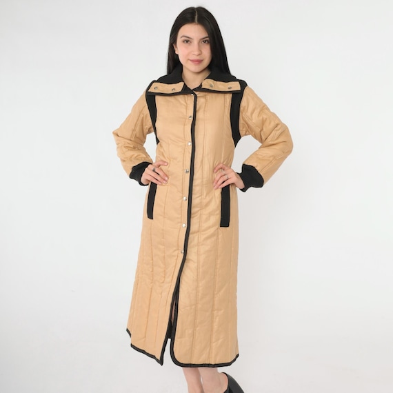 Vintage 80s Quilted Coat Tan Black Long Puffer Snap Front Parka Jacket Furrrina Puffy Minimalist Streetwear Winter Small S