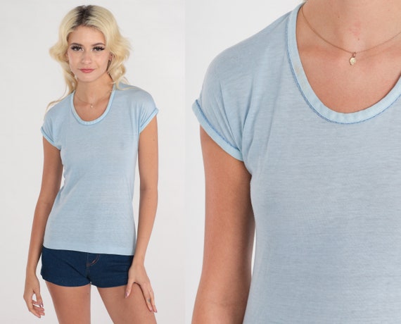 Baby Blue T-Shirt 80s Western Shirt Semi-Sheer Tee Retro Scoop Neck TShirt Basic Top Single Stitch Solid Vintage 1980s Panhandle Slim Small