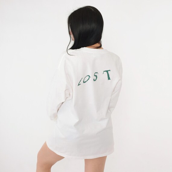 Vintage Hanes LOST Shirt 2000s White Long Sleeve Tee Beefy T Graphic Back Print Minimalist Logo Y2K Streetwear Men's Small Medium