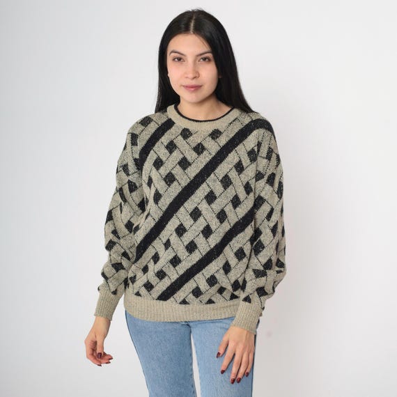 Vintage Geometric Knit Sweater 90s Black Taupe Lattice Pattern Crewneck Pullover Retro Cozy Jumper 1990s Winter Warm Medium