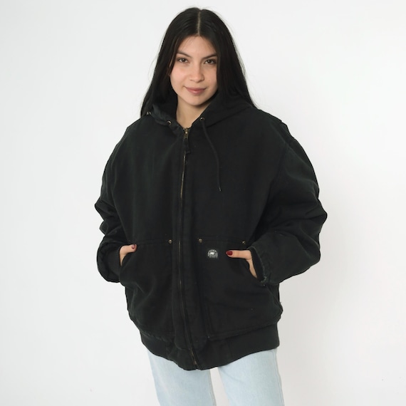 Vintage Polar King Work Jacket Black Canvas Cotton Insulated Zip Up Hoodie 2000s Utility Fleece Lined Heavyweight Coat Large Regular