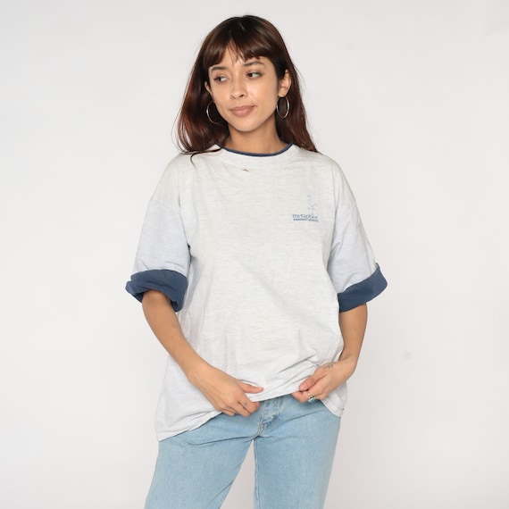 Metaphor Flamingo T-Shirt 90s Shirt Cuffed Sleeve Graphic Logo Tee Tropical Bird TShirt Retro Heather Grey Navy Blue Vintage 1990s 2xl xxl