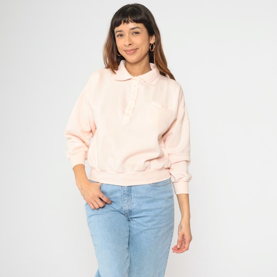 80s Baby Pink Polo Sweatshirt Vintage Long Sleeve Shirt Quarter Button Slouchy Collared 1980s Pullover Small S