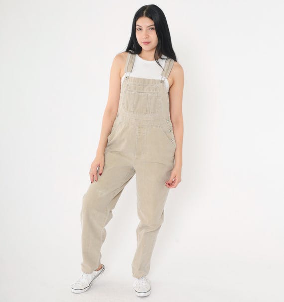 Vintage Tan Denim Overalls Y2K Jean Bib Overalls Dungarees Tapered Suspender Pants Hipster 00s Retro Utility Straight Leg Small Medium