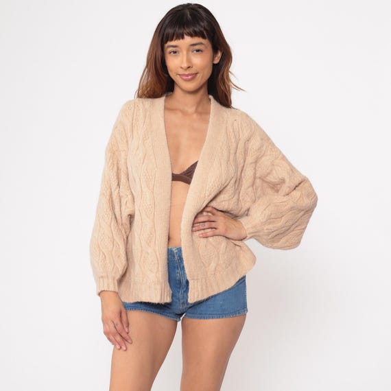 Cable Knit Cardigan 80s Cream Wool Chunky Knit Open Front Fisherman Style Oversized Slouchy Cottagecore Old Money Vintage Small S