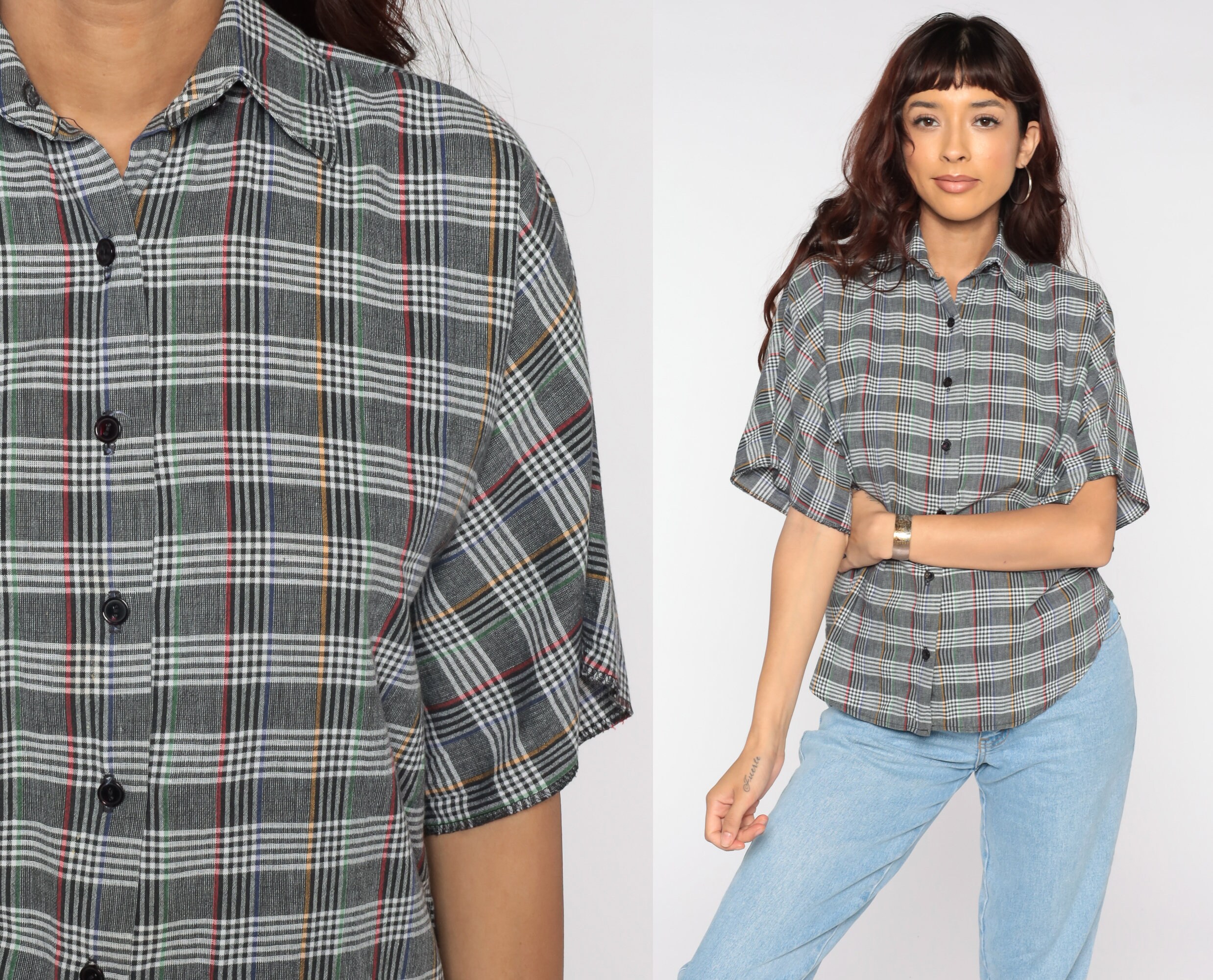 Grey Checkered Shirt Black Plaid Shirt 90s Button Up Blouse Short Sleeve Check Print Top Vintage 