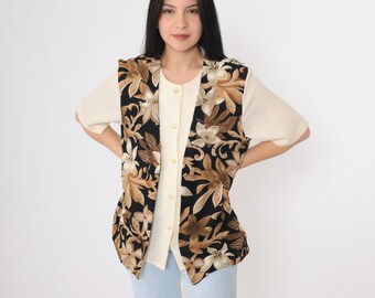 Débardeur chemisier des années 90 attaché gilet floral crème boutonné haut à manches courtes imprimé fleurs noir marron Twofer vintage 2fer Large 14
