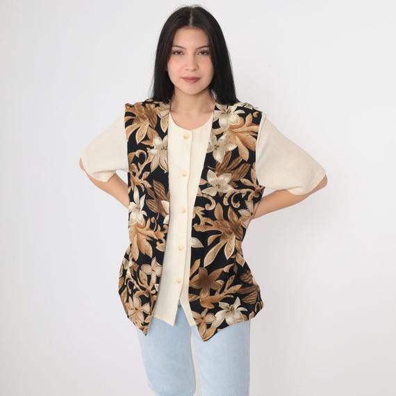 90s Vest Blouse Attached Floral Vest Cream Button Up Flower Print Short Sleeve Top Black Brown Twofer Vintage 2fer Large 14