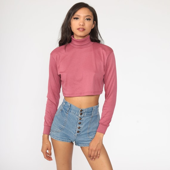 Pink Crop Top 80s Turtleneck Shirt Retro Shirt Long Sleeve Shirt Top Nerd Geek Cropped High Neck 1980s Small S