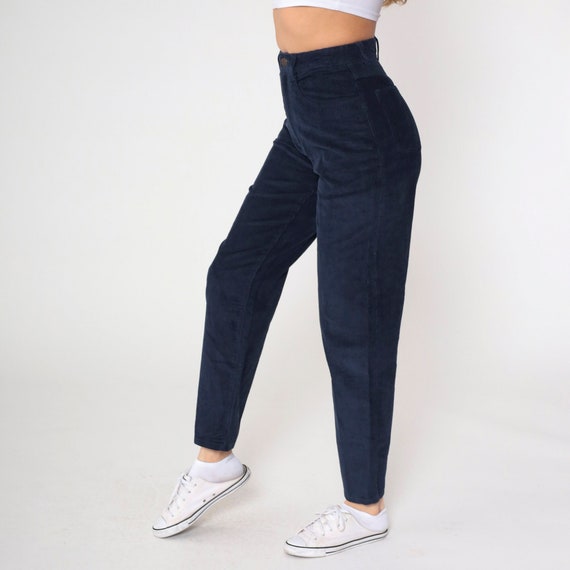 Navy Blue Corduroy Pants 90s Trousers High Waisted Rise Mom Pants Straight Tapered Leg Dark Blue Slacks Plain Simple Vintage 1990s Small 4
