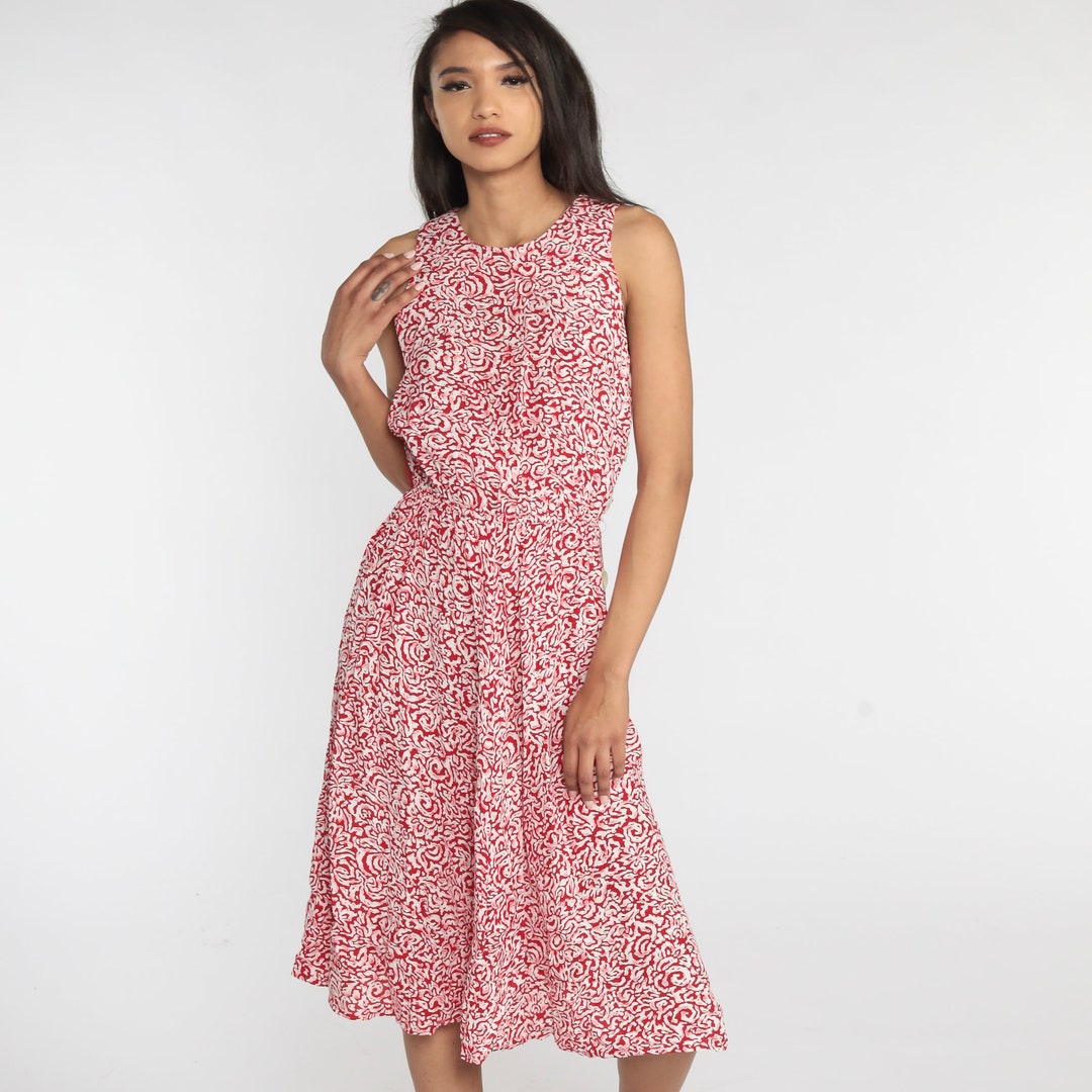 Vintage 80s 90s 'Citilites' Red Floral Aline Pockets Sleeveless Midi Dress 14 16