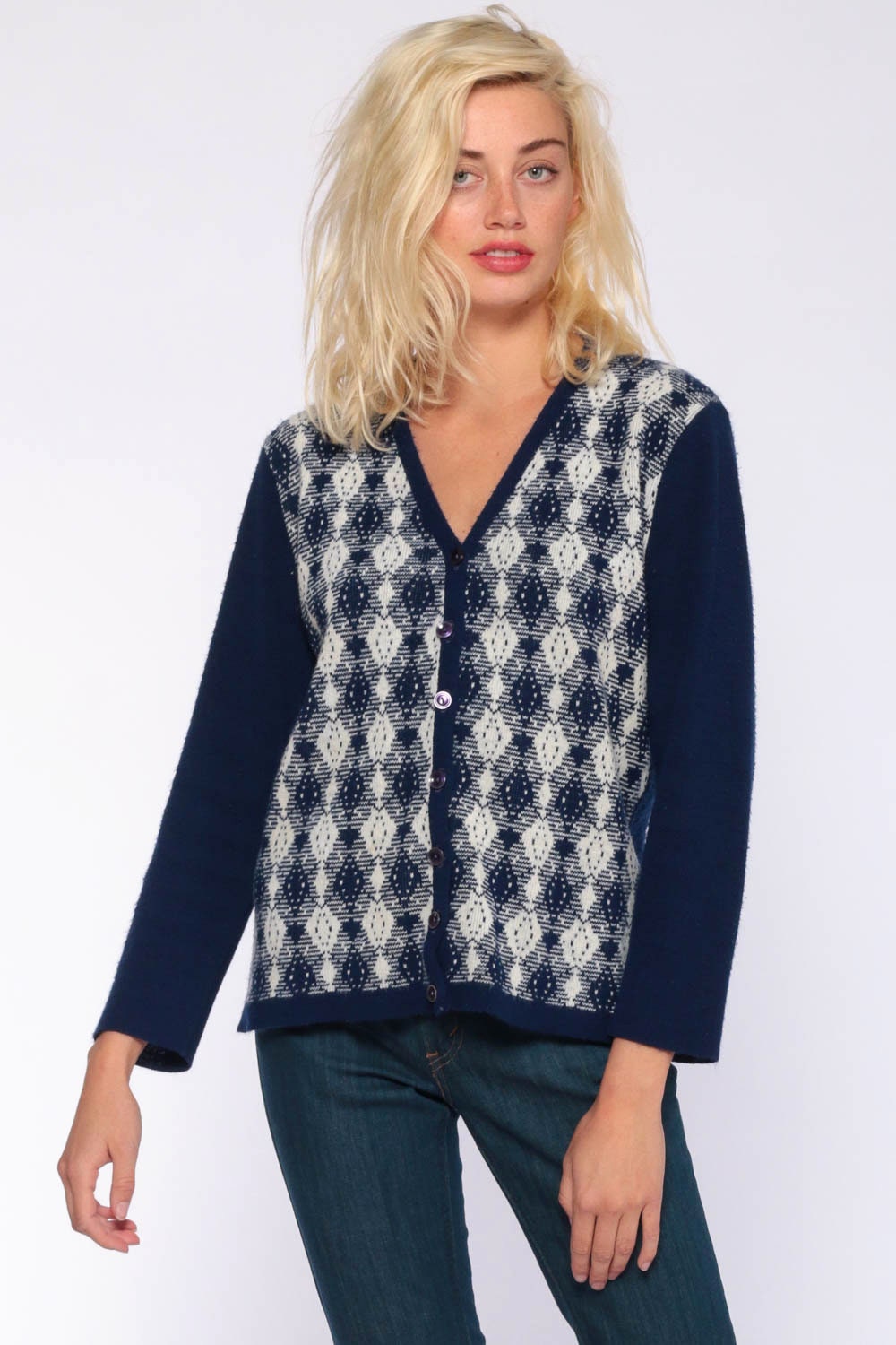 Blue Argyle Cardigan -- 70s Checkered Cardigan Sweater Grandpa Sweater Navy Blue Knit Button Up 