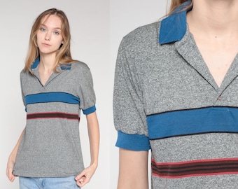 Grey Striped Polo Shirt 80s Collared T-shirt Retro Half Button Up Preppy Basic Casual Navy Blue Red Streetwear Flecked Vintage 1980s Small S